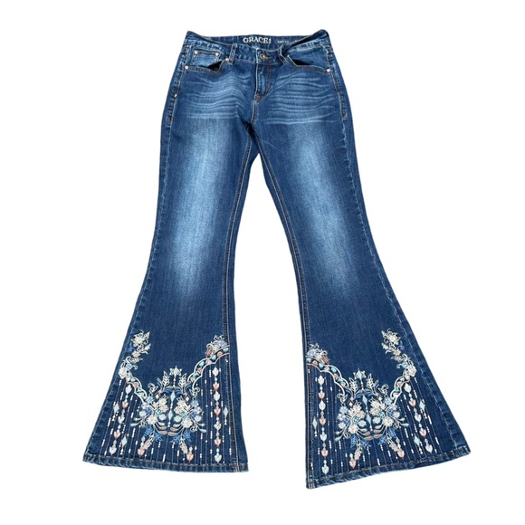 Grace In LA Bell Bottom Jeans 27 Sequins Embroidered Boho Hippie Flare Weatern - Picture 2 of 12
